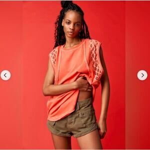 🔥Free People Table For Two Coral Bright Orange Crochet Lace Lagenlook Shirt Top